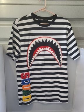 Hudson Striped Short Sleeve Tee with Red Shark Applique